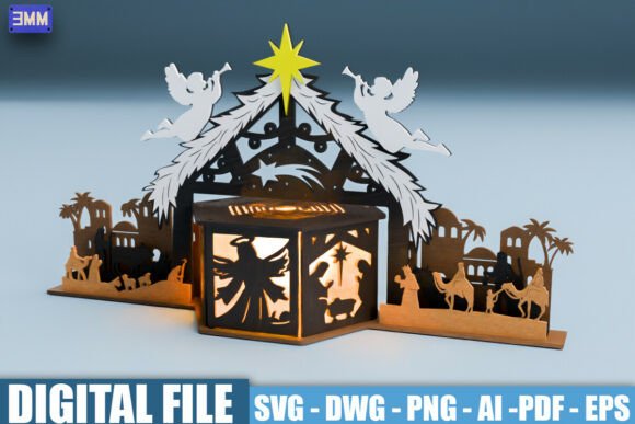 Side view of 3D nativity shadow box with angels, star, and biblical silhouettes, lit from within.
