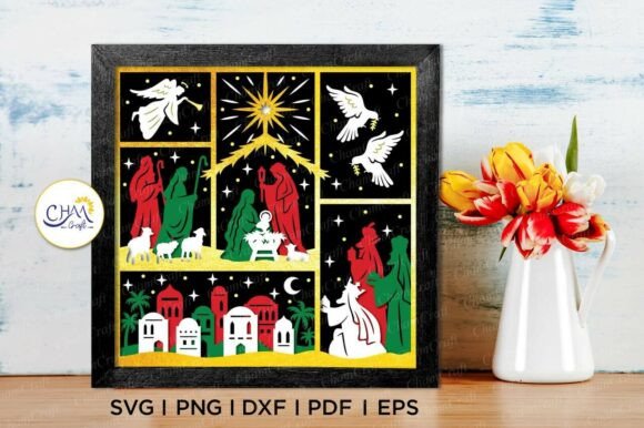 3D nativity scene shadow box with colorful figures and animals on a black background.