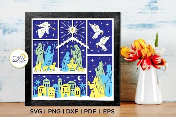 3D nativity scene shadow box with colorful figures and animals on a blue background.