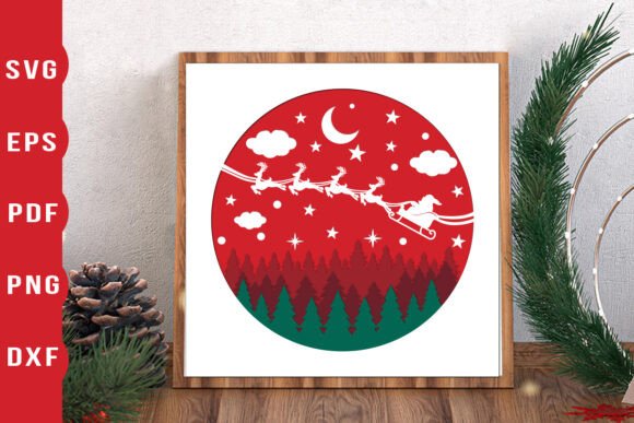 Framed red and green Christmas scene with Santa in sleigh over trees and stars.