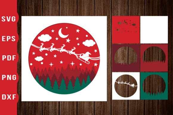 Red and green Christmas scene with Santa sleigh, plus five separate cutout layers displayed.