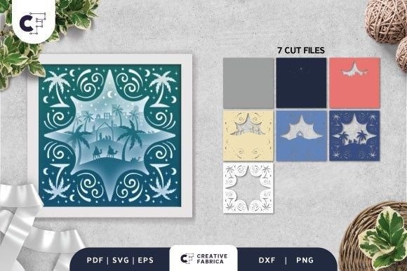 Nativity shadow box design with six colored cut file previews beside it.