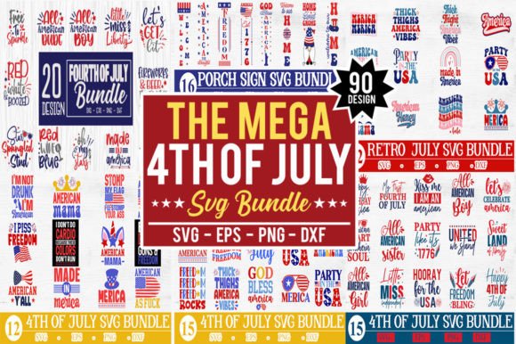 Collage of various 4th of July-themed SVG designs with phrases like 'Freedom' and 'America' in red, white, and blue.