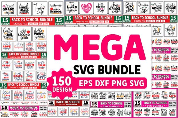 Collage of school-themed SVG designs with phrases and icons like apples and pencils.