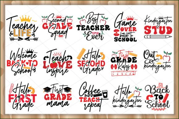 Collection of educational SVG designs with text like 'Teacher Life' and 'Hello Second Grade' featuring school motifs.