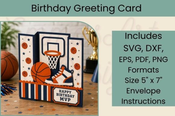 3D basketball-themed birthday card with hoop, ball, and sneakers, saying 'Happy Birthday MVP'.
