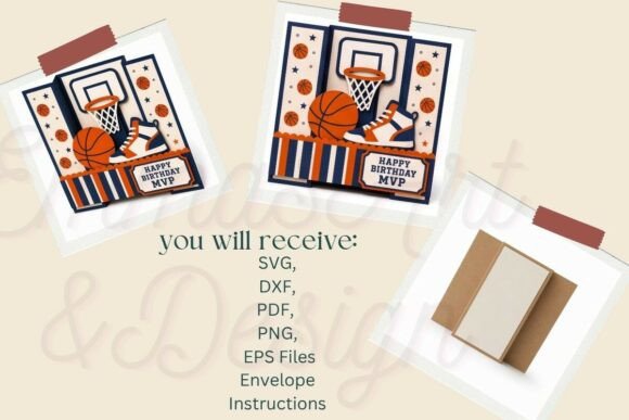 Two images of a basketball-themed birthday card with hoop and ball, one card in an envelope.