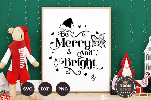 Framed print with 'Be Merry and Bright' text, Santa hat, holly, ornaments, and stars.