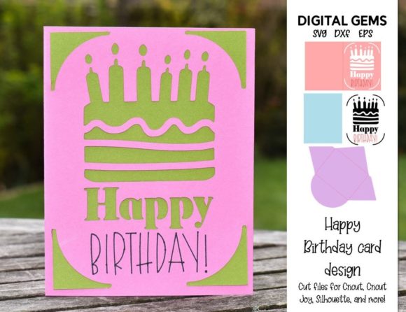 Pink card with green cutout of a cake with candles and 'Happy Birthday!' text.