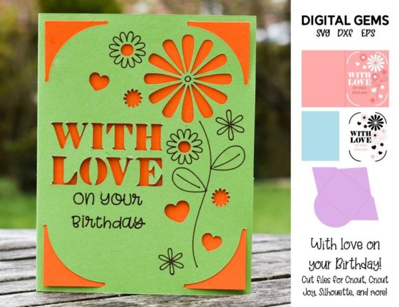 Green and orange card with floral cutouts and 'WITH LOVE on your Birthday' text.