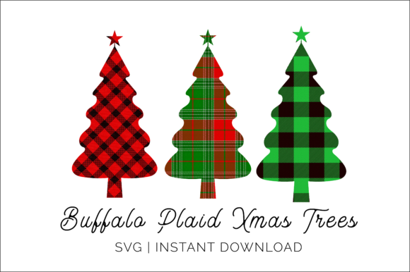 Three buffalo plaid Christmas tree designs in red and green.