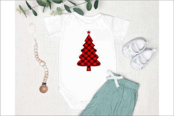 Red buffalo plaid Christmas tree design on a white baby onesie.