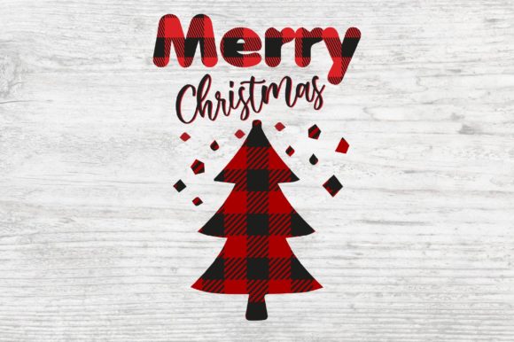 Buffalo plaid Christmas tree with red and black pattern, 'Merry Christmas' text above on wood background.