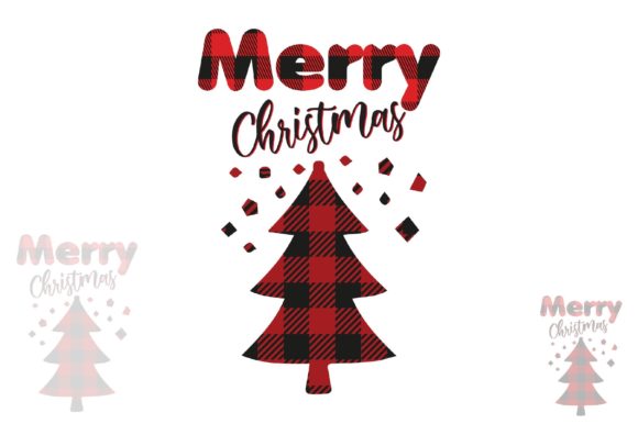 Buffalo plaid Christmas tree with 'Merry Christmas' text, red and black pattern, white background with faded duplicates.