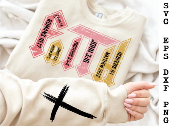 Beige sweatshirt with colorful Bible verses and black cross on sleeve.