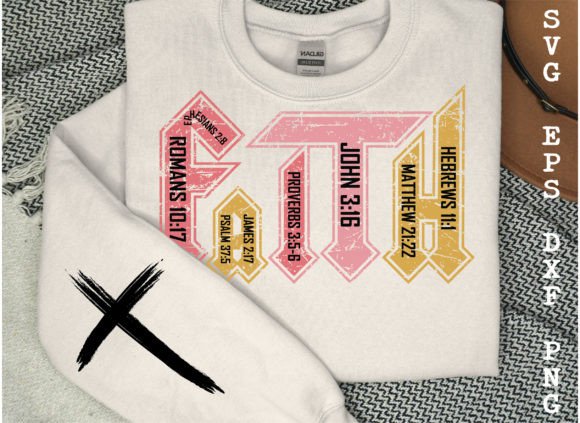 White sweatshirt with Bible verses in colorful blocks and black cross on sleeve.