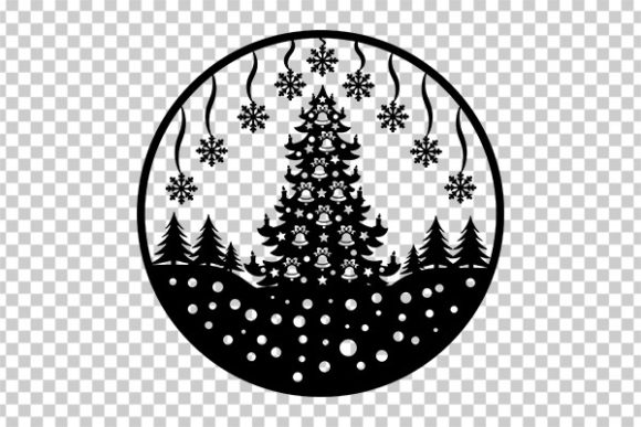 Black Christmas tree with snowflakes and ornaments in a circular design on a transparent background.