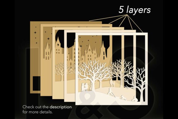 Five-layer SVG design of a Christmas city scene with trees and buildings for crafting