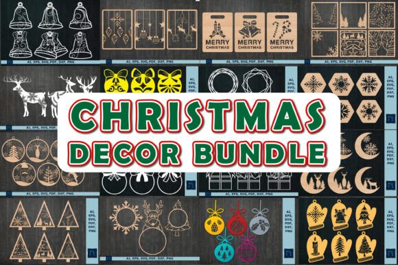 Various Christmas-themed SVG designs including bells, reindeer, and ornaments on a dark background.