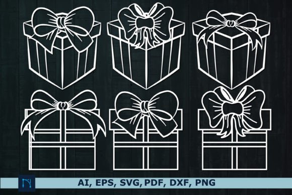 Six white outline designs of gift boxes with bows on a dark background.