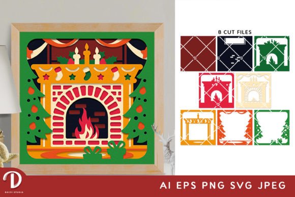 3D shadow box SVG of a festive fireplace scene with stockings, candles, and gifts, ideal for Cricut projects.