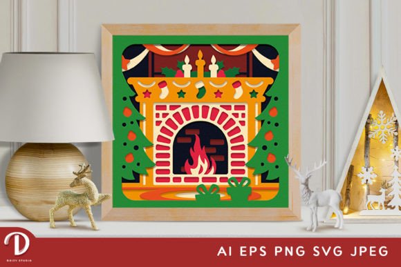 Decorative 3D shadow box SVG featuring a Christmas fireplace with stockings and trees, perfect for Cricut crafting.