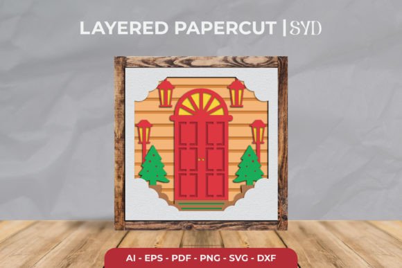 3D shadow box SVG featuring a red front door with lanterns and Christmas trees, perfect for Cricut projects.