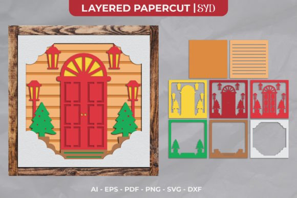 Layered SVG of a Christmas front door with assembly layers shown, ideal for Cricut crafting.