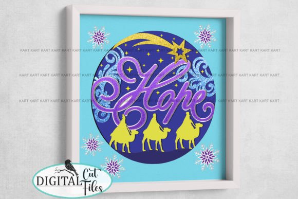 Framed nativity shadow box with 'Hope' text, three wise men, starry sky, and snowflakes.