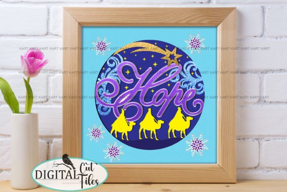 Wood-framed shadow box with 'Hope' text, three wise men, starry night, and snowflakes.