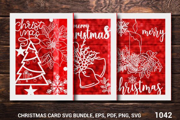 Three red Christmas card designs with white holiday motifs including a tree, bells, and poinsettias.