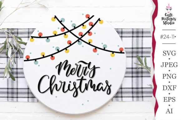 Round sign with 'Merry Christmas' text and colorful string lights on white background.