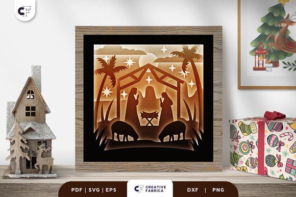 3D shadow box with nativity scene, featuring Mary, Joseph, baby Jesus, and animals against a starry backdrop.