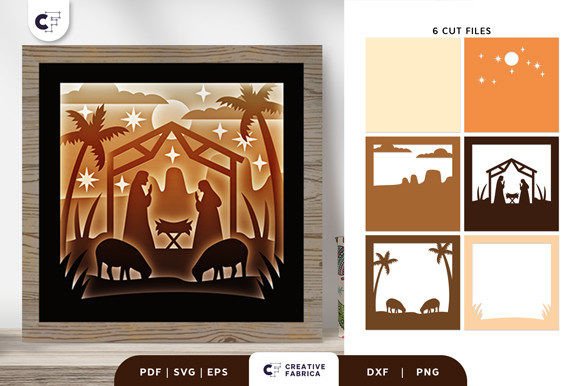 Six cut file designs for a nativity 3D shadow box, showing layered scenes with figures and palm trees.