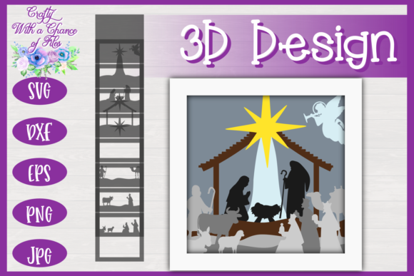 3D layered nativity scene with a star, angel, and silhouettes of Mary, Joseph, and animals.