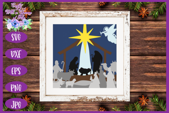 Nativity scene with layered silhouettes of holy figures, animals, and a bright star on a wooden background.