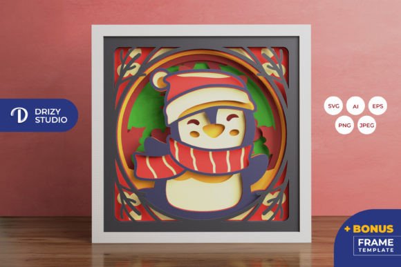 3D shadow box featuring a festive penguin with a Santa hat and scarf, ideal for Cricut projects