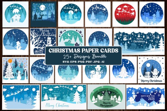 Collage of various Christmas-themed shadow box designs, featuring snowy landscapes and festive elements.