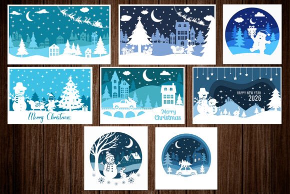 Collection of Christmas shadow box designs with snowmen, trees, and winter scenes in blue and white tones.