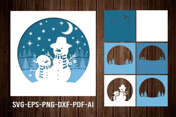Layered paper cut design showing assembly stages of snowmen under a night sky with stars and moon.
