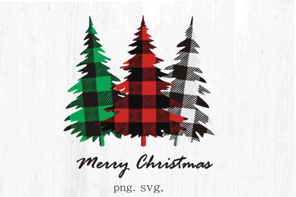 Three plaid Christmas trees in green, red, and black with 'Merry Christmas' text below.