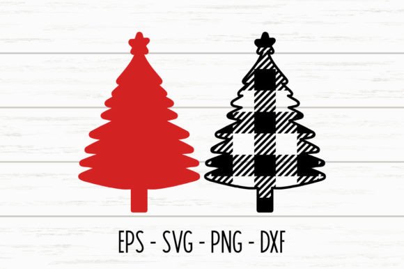 Two Christmas tree designs, one solid red, one black with buffalo plaid pattern.