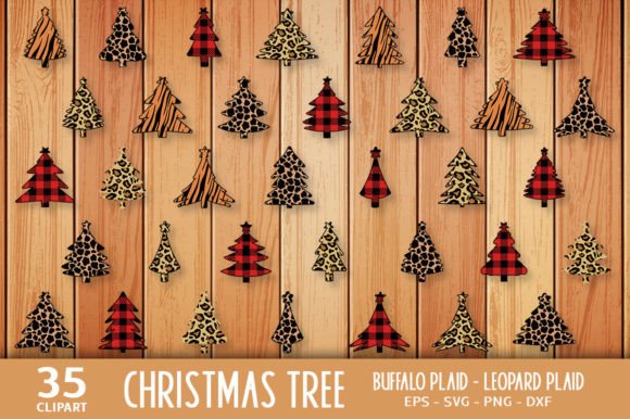 Wooden background with various buffalo plaid and leopard print Christmas tree designs.