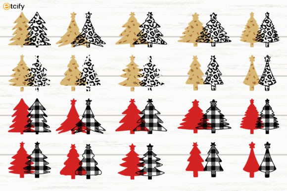 Patterned Christmas tree designs in buffalo plaid and leopard print on a white background.