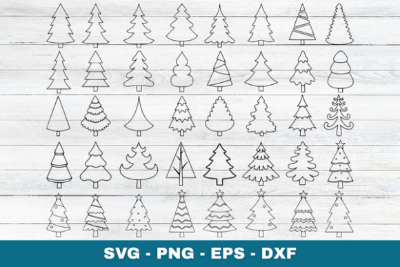 Thirty-six different Christmas tree outlines on a white wooden background.