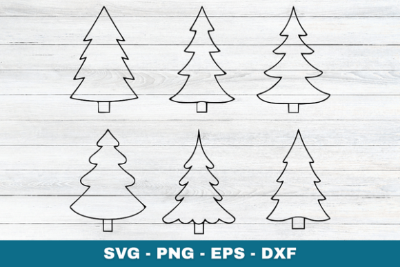 Six Christmas tree outlines on a white wooden background.