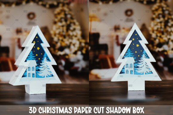 Side view of 3D Christmas tree shadow box featuring snowy trees and a starry sky, perfect for Cricut.