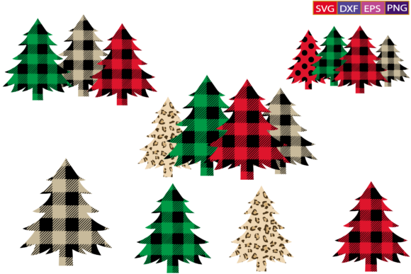 Various plaid Christmas tree designs in red, green, black, and leopard print patterns.