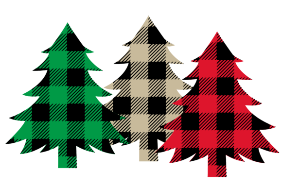 Three plaid Christmas trees in green, beige, and red with black checkered patterns.