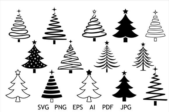 Fifteen black and white Christmas tree designs in various styles, including stars and spirals.